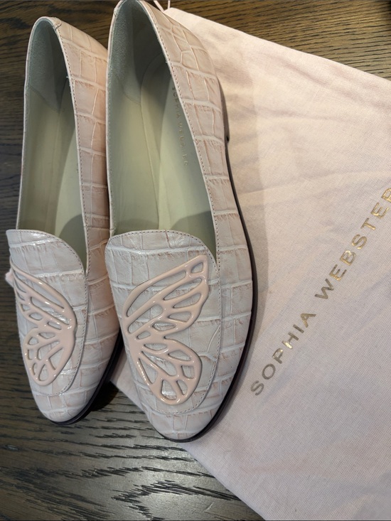 Sophia Webster Shoes - Sophia Webster Pale Pink Croc-Embossed Leather Loafers with Butterfly Appliqué